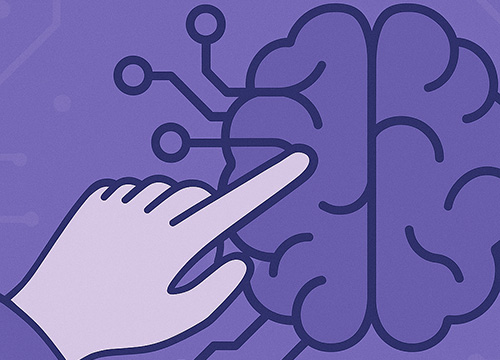 Illustrazione di una mano umana che interagisce o guida una rete neurale o un cervello digitale.