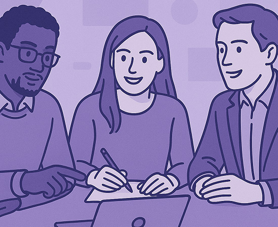 Foto stilizzata o illustrazione di un team di persone diverse (esperto AI, linguista, stratega) che collaborano attorno a un tavolo o schermo.