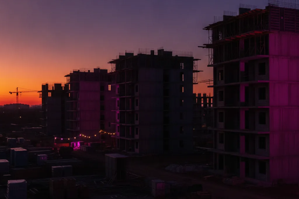 Cantiere residenziale in costruzione al tramonto