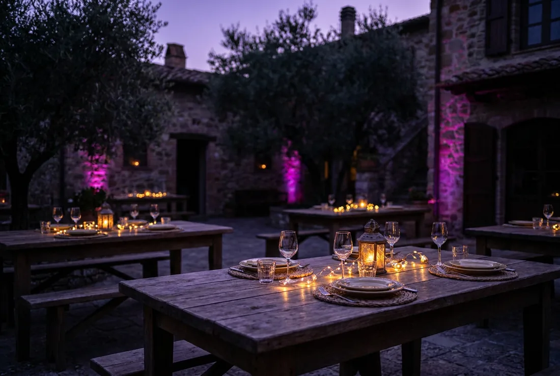 Cortile di un agriturismo con tavoli apparecchiati all'aperto