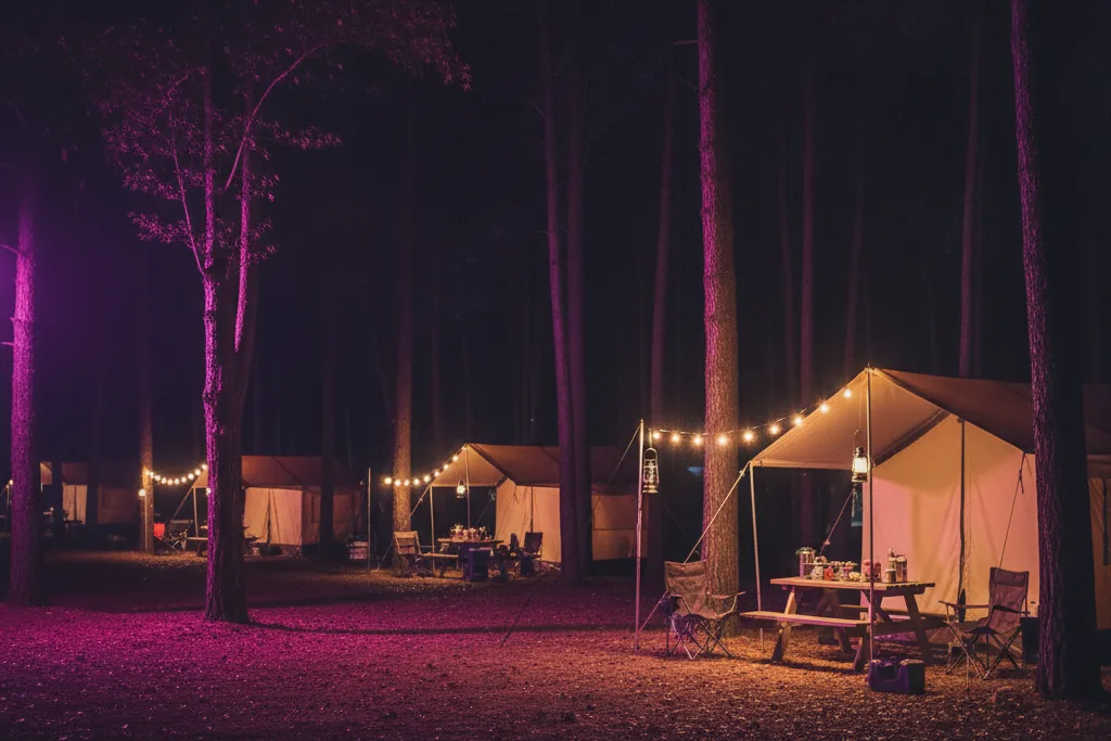 Piazzole di un campeggio con alberi e luci calde