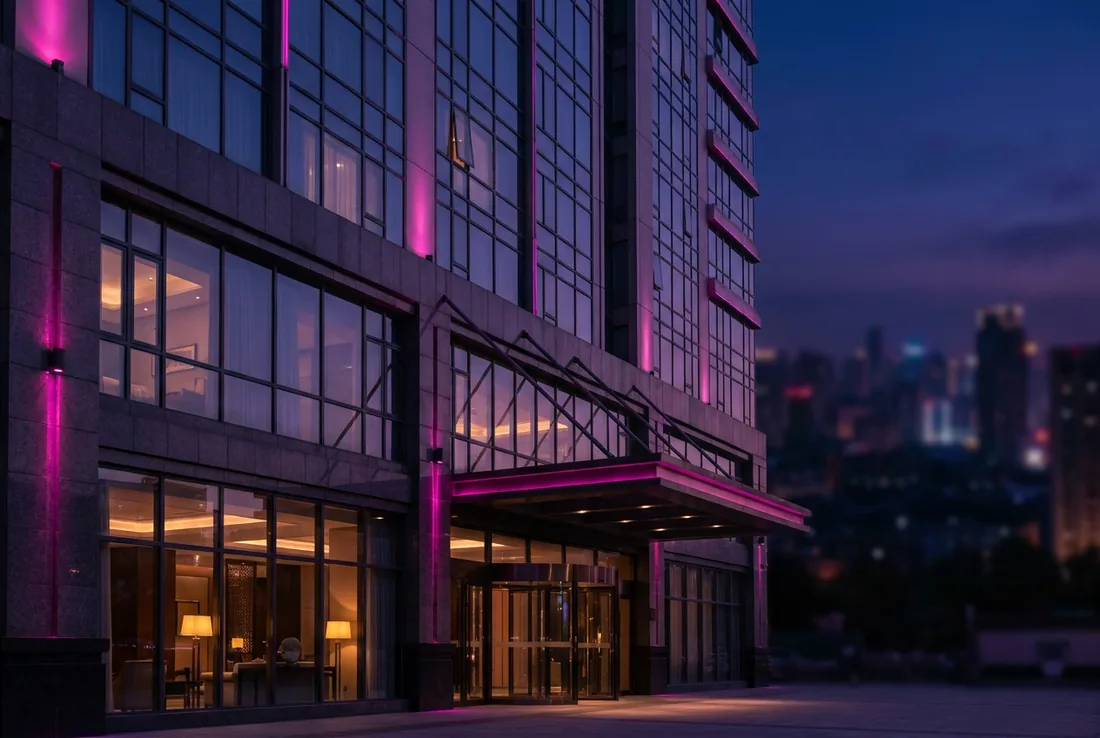Facciata di un hotel di catena in una città al crepuscolo