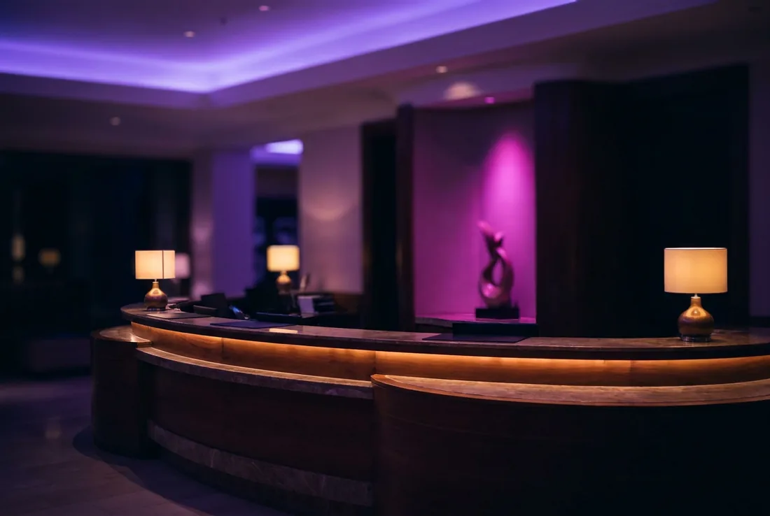 Banco del ricevimento di un hotel illuminato di sera
