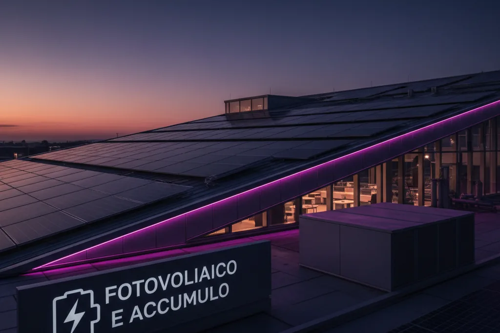 Pannelli fotovoltaici su un tetto al tramonto