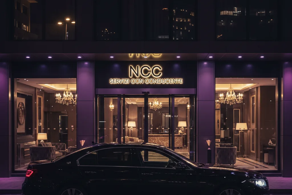 Berlina nera con conducente davanti a un hotel