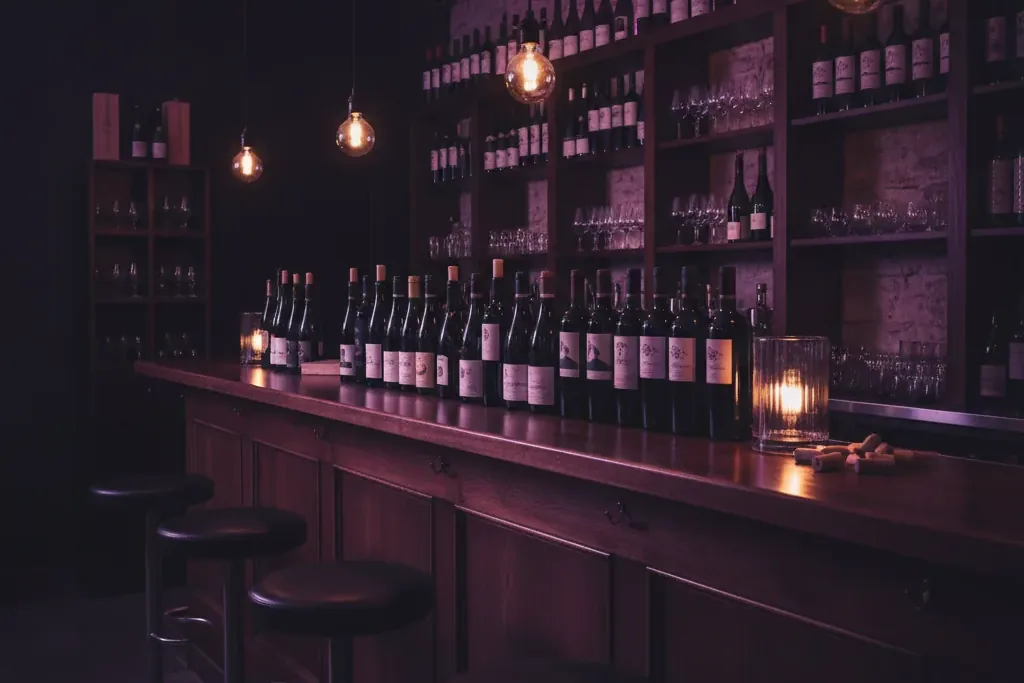 Bancone di un'enoteca con bottiglie e sgabelli