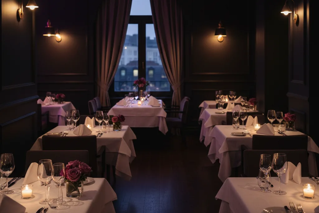 Sala ristorante di un albergo apparecchiata per la cena