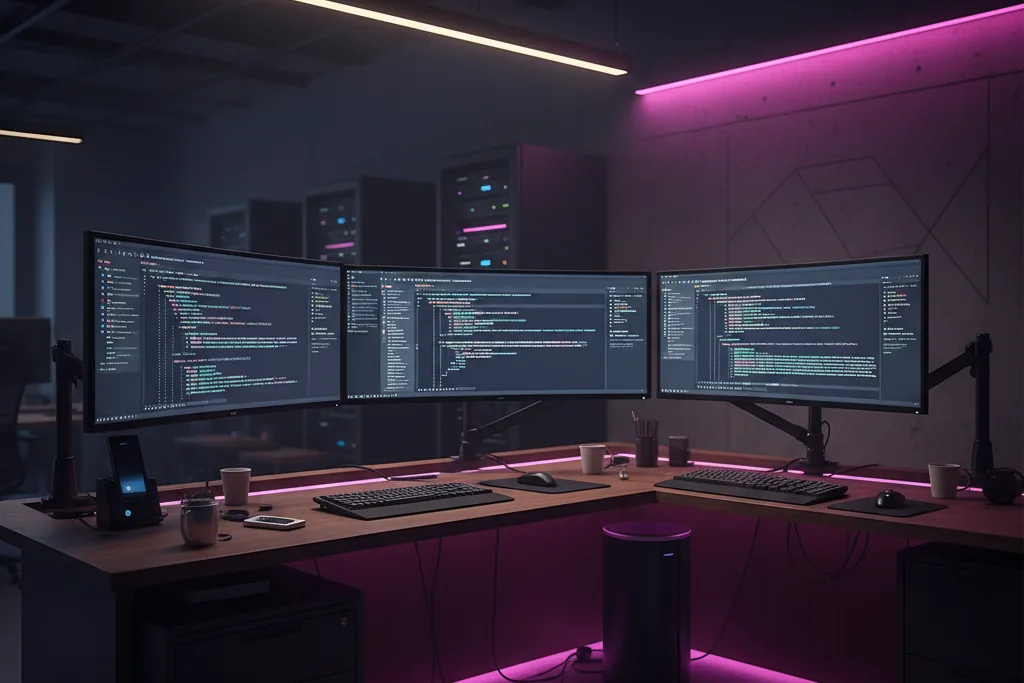Scrivania di sviluppo con più monitor e codice