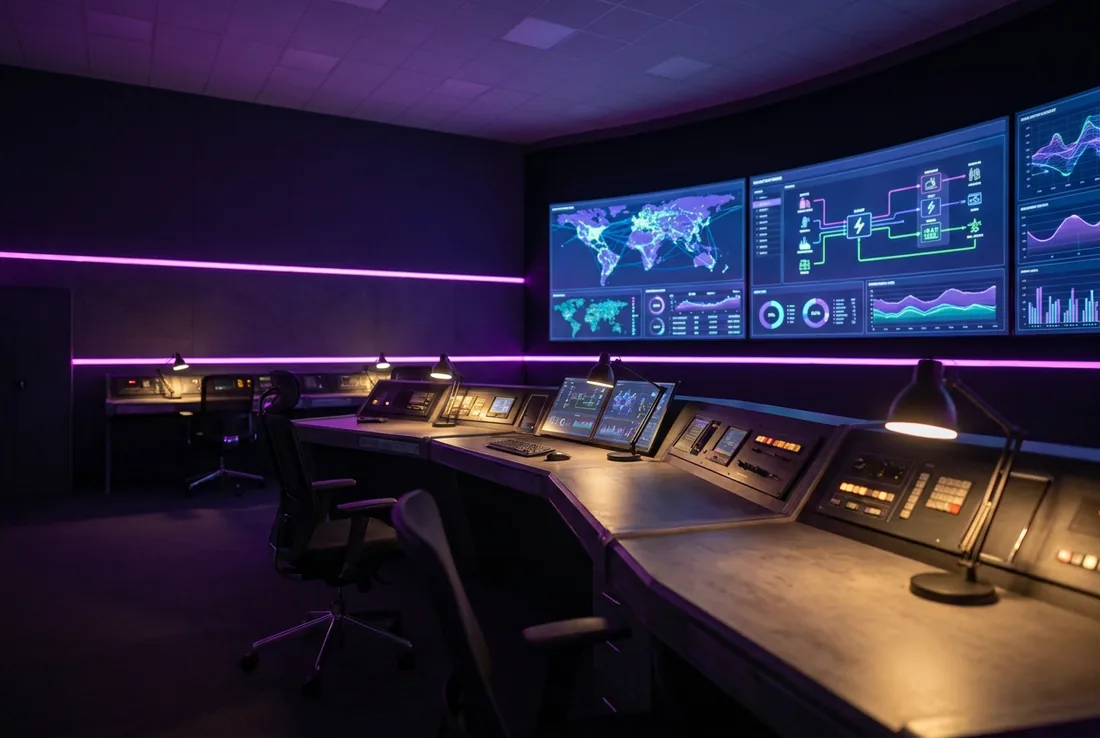 Sala controllo di una multiutility con grandi schermi di monitoraggio