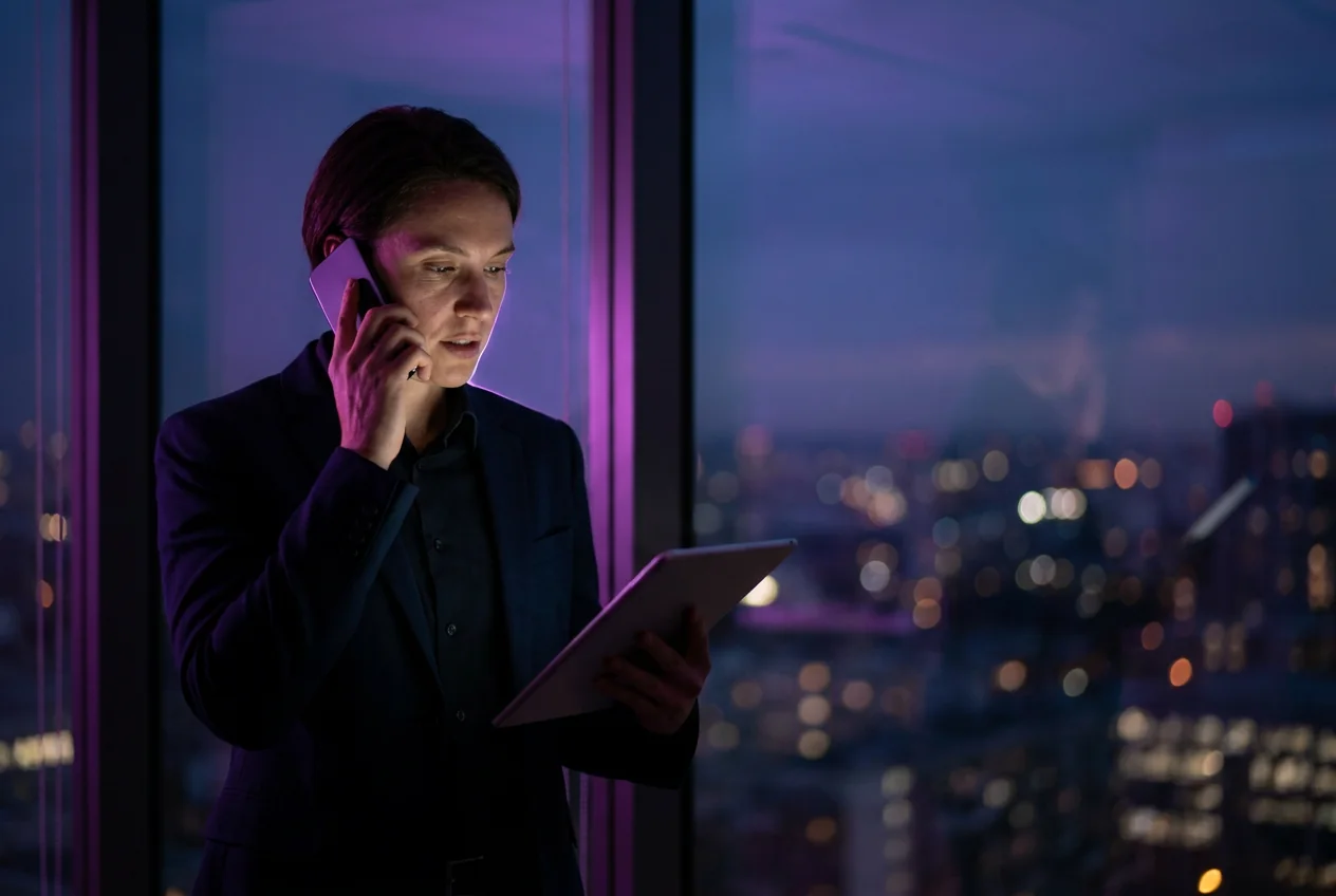 Commerciale al telefono davanti alla vetrata di un ufficio, chiamata in uscita