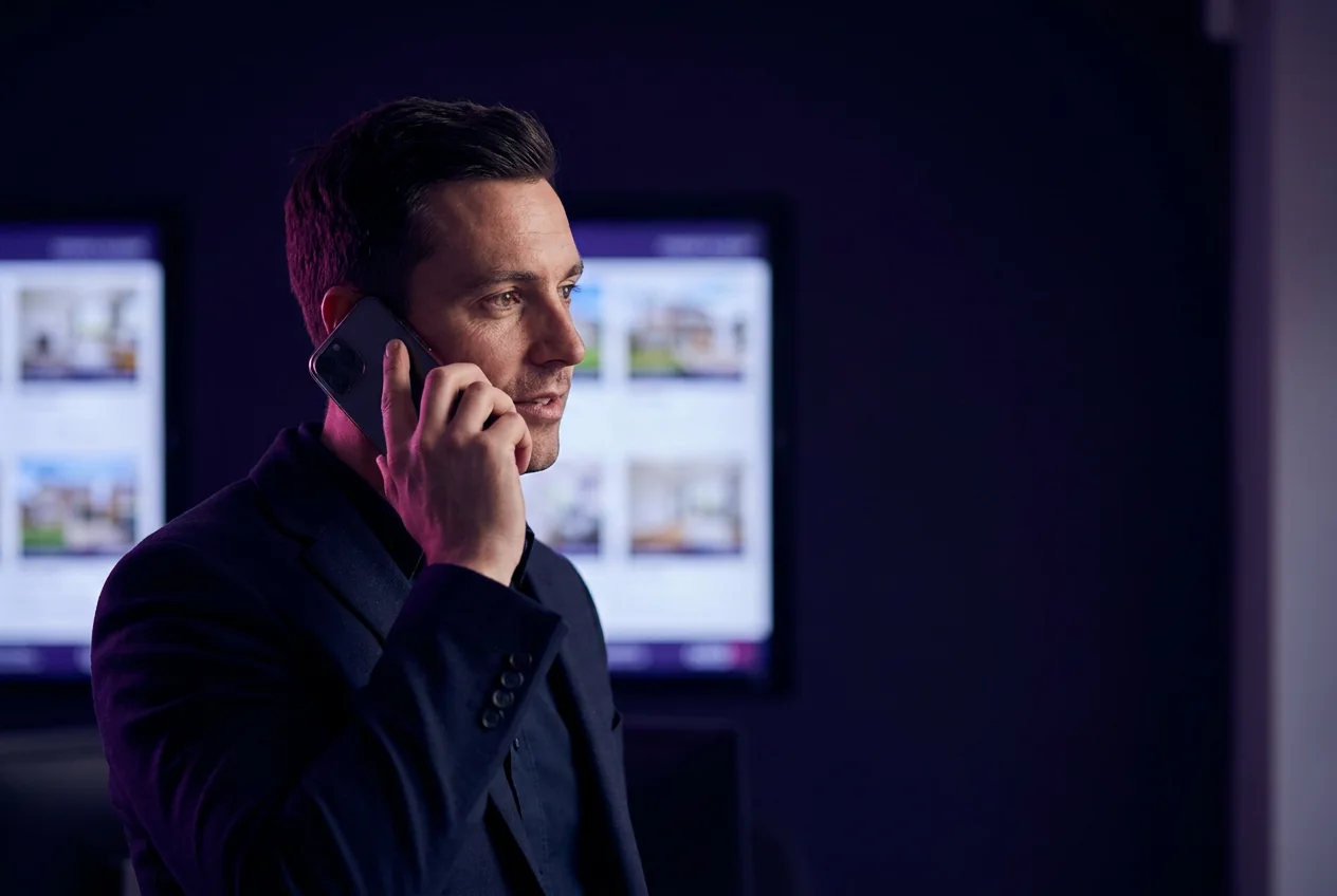Agente immobiliare al telefono con un cliente davanti alle vetrine degli annunci