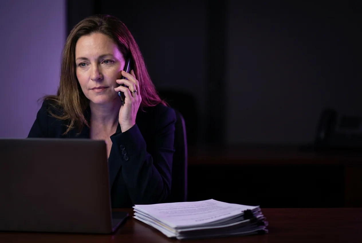 Consulente assicurativo al telefono con un cliente nel proprio ufficio