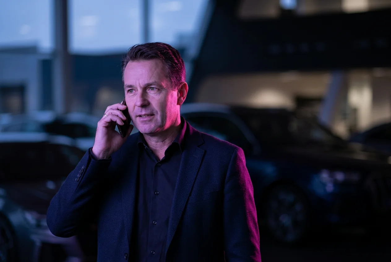 Venditore di una concessionaria al telefono con un cliente accanto alle auto in salone