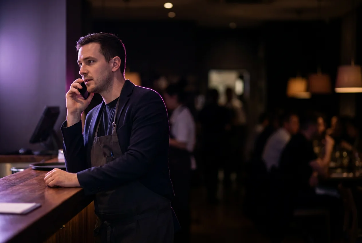 Addetto di un ristorante prende una prenotazione al telefono in sala